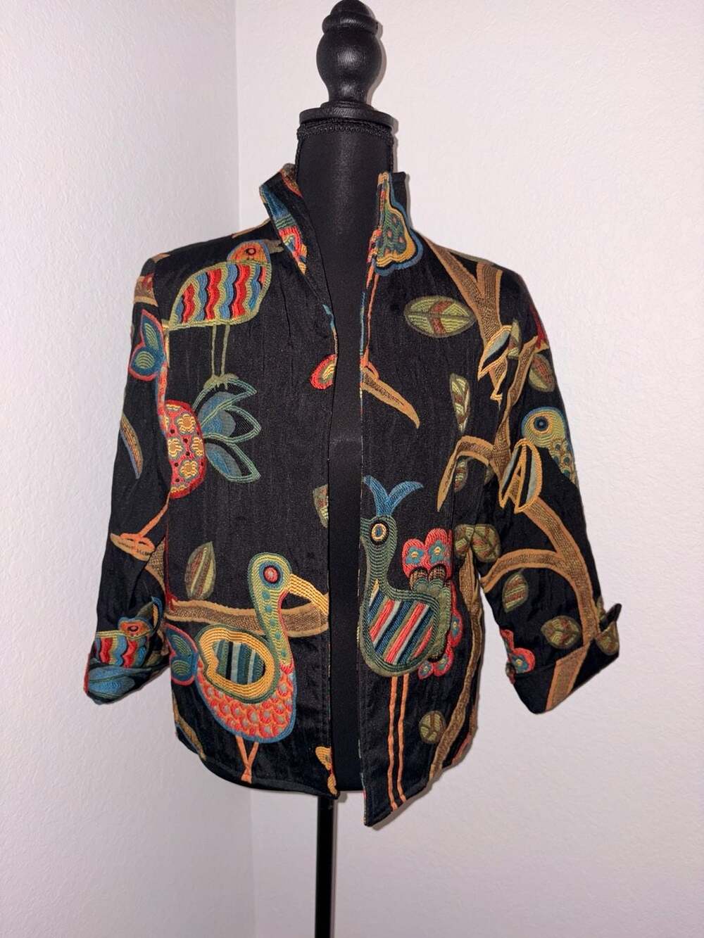 Painted Pony Embroidered Tapestry Jacket with Colorful Birds